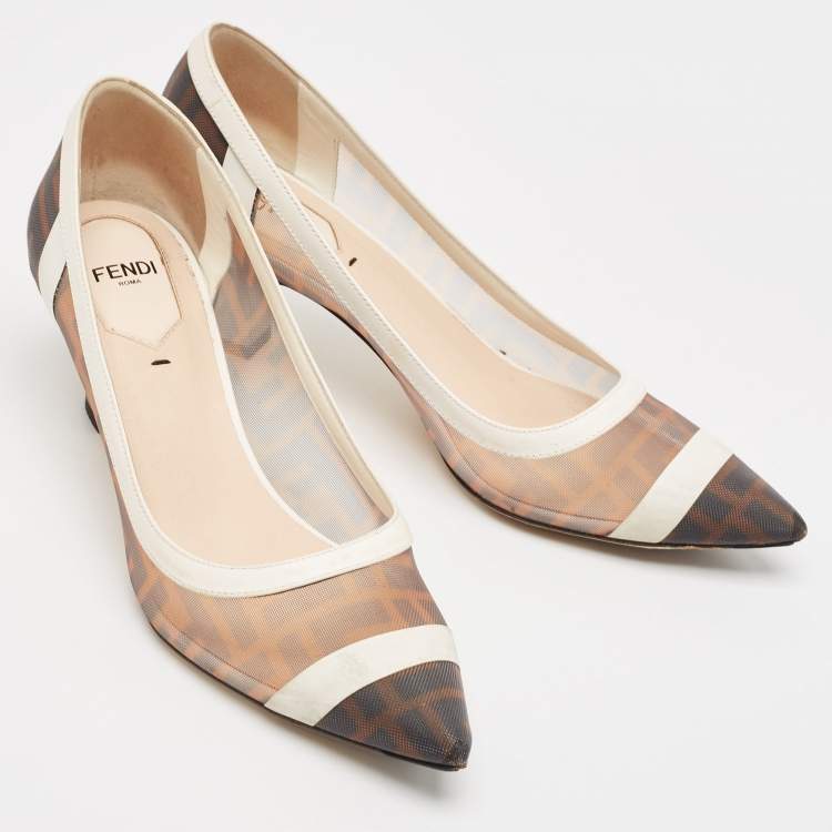 Pre Owned Fendi Brown/White Zucca Mesh and Leather Colibri Pumps Size 37.5