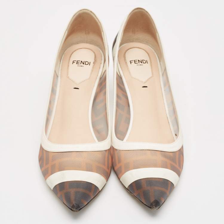 Pre Owned Fendi Brown/White Zucca Mesh and Leather Colibri Pumps Size 37.5