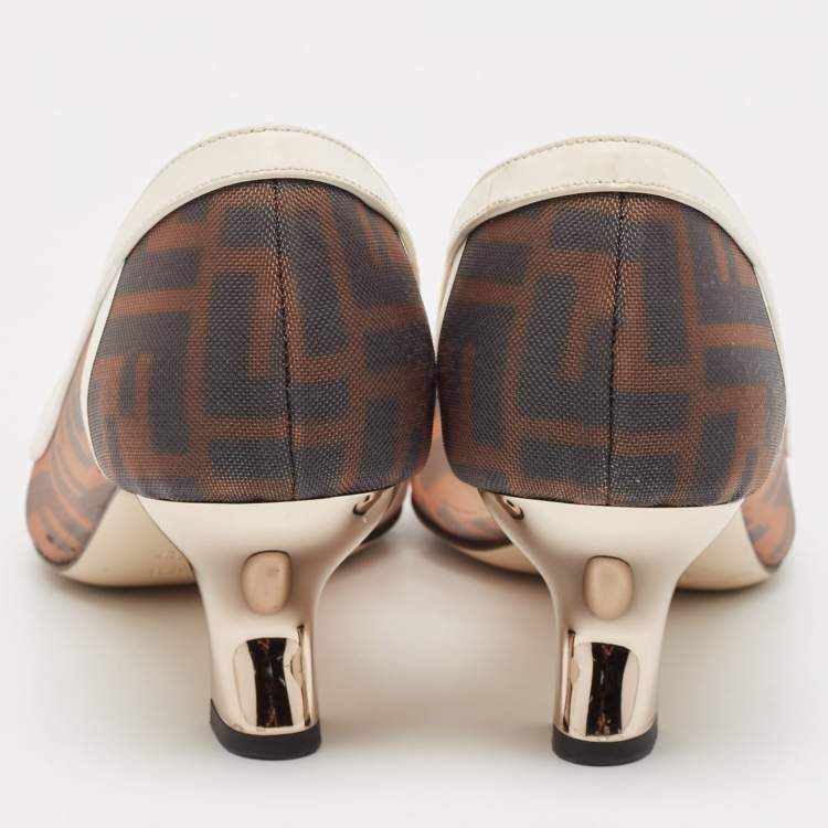 Pre Owned Fendi Brown/White Zucca Mesh and Leather Colibri Pumps Size 37.5