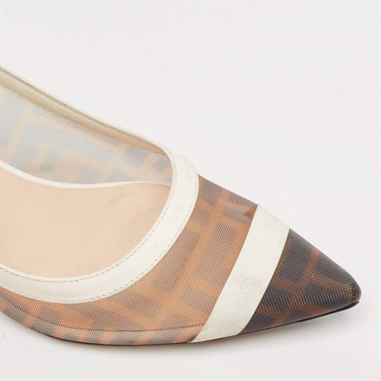 Pre Owned Fendi Brown/White Zucca Mesh and Leather Colibri Pumps Size 37.5