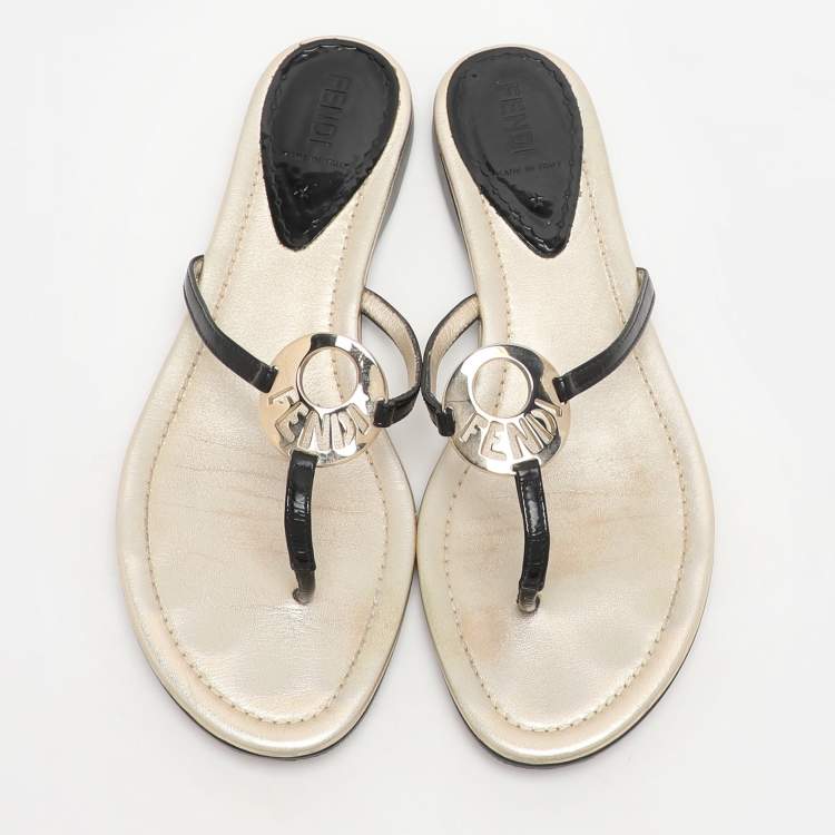 Pre Owned Fendi Black Patent Leather Thong Flat Sandals Size 38.5