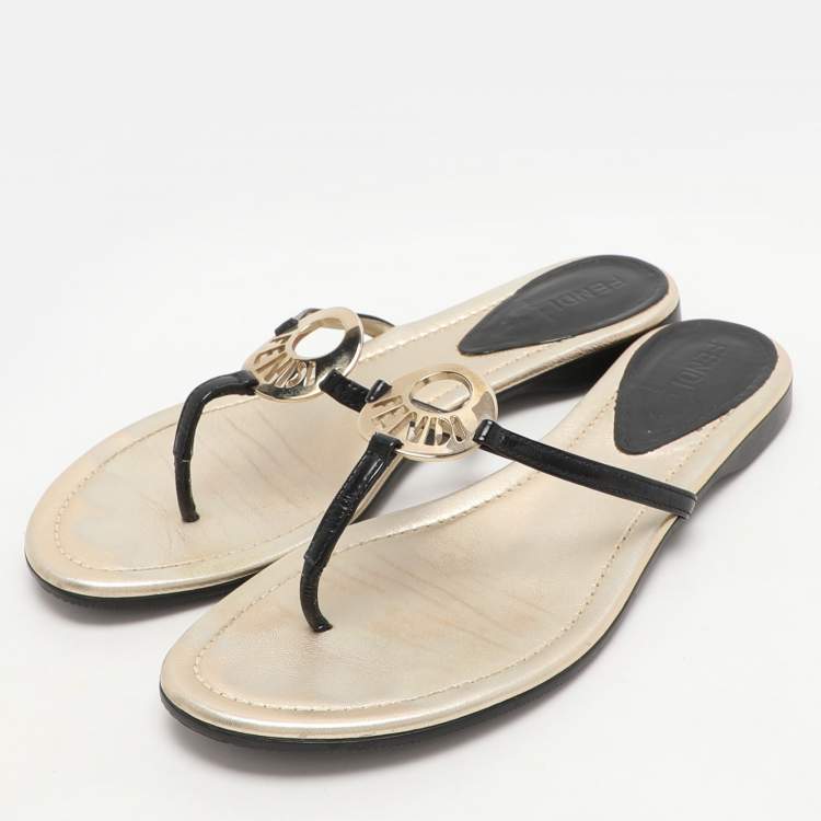 Pre Owned Fendi Black Patent Leather Thong Flat Sandals Size 38.5