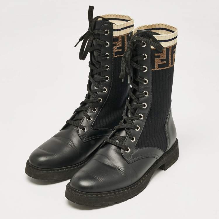 مملوكة مسبقًا Fendi Black Leather and Zucca Stretch Fabric Rockoko Combat Boots Size 39