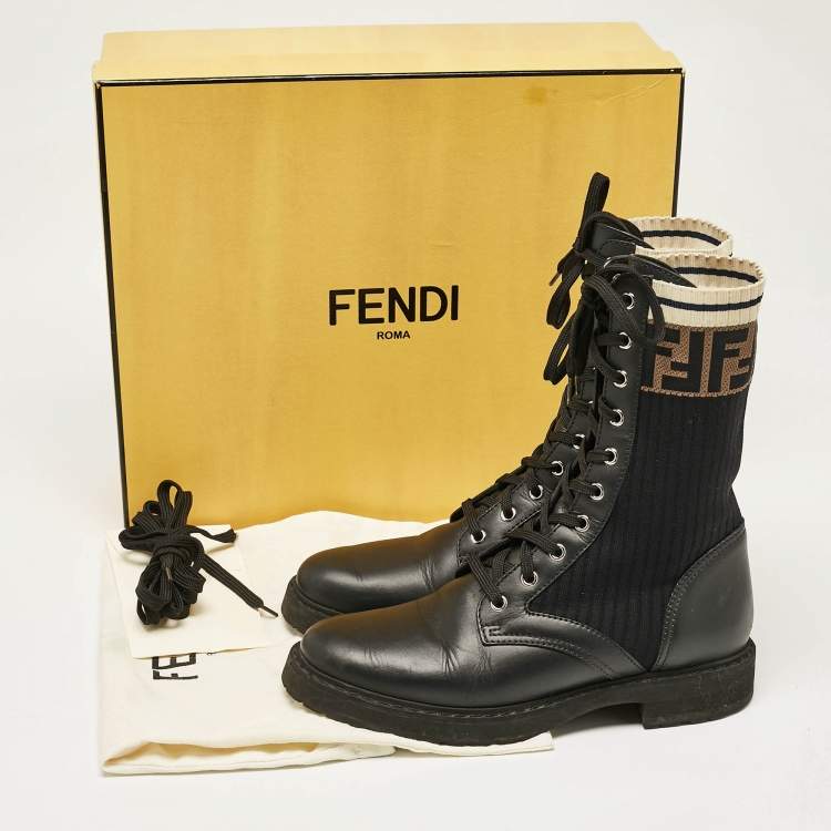 مملوكة مسبقًا Fendi Black Leather and Zucca Stretch Fabric Rockoko Combat Boots Size 39
