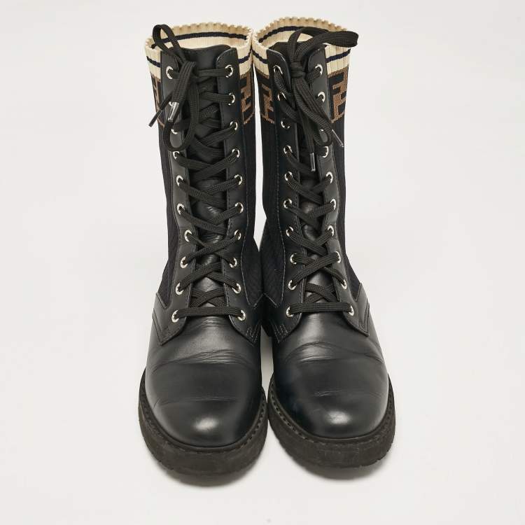 مملوكة مسبقًا Fendi Black Leather and Zucca Stretch Fabric Rockoko Combat Boots Size 39