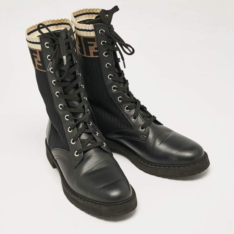 مملوكة مسبقًا Fendi Black Leather and Zucca Stretch Fabric Rockoko Combat Boots Size 39