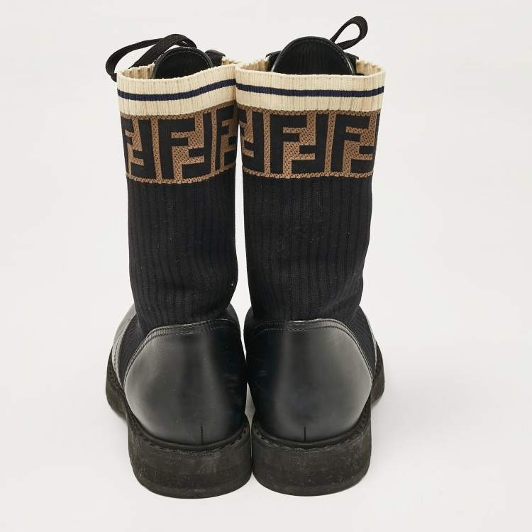 مملوكة مسبقًا Fendi Black Leather and Zucca Stretch Fabric Rockoko Combat Boots Size 39