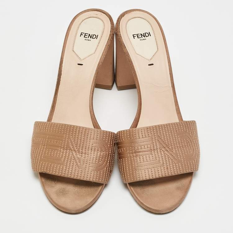 Pre Owned Fendi Beige Satin Logo Embroidered Slide Sandals Size 40