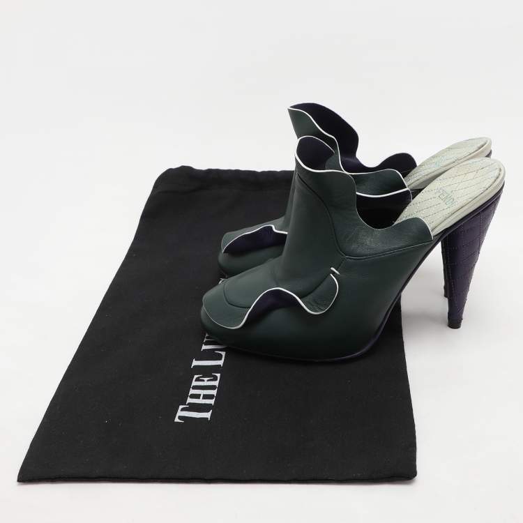 Pre Owned Fendi Green Leather Ruffled Leather Mules Size 37