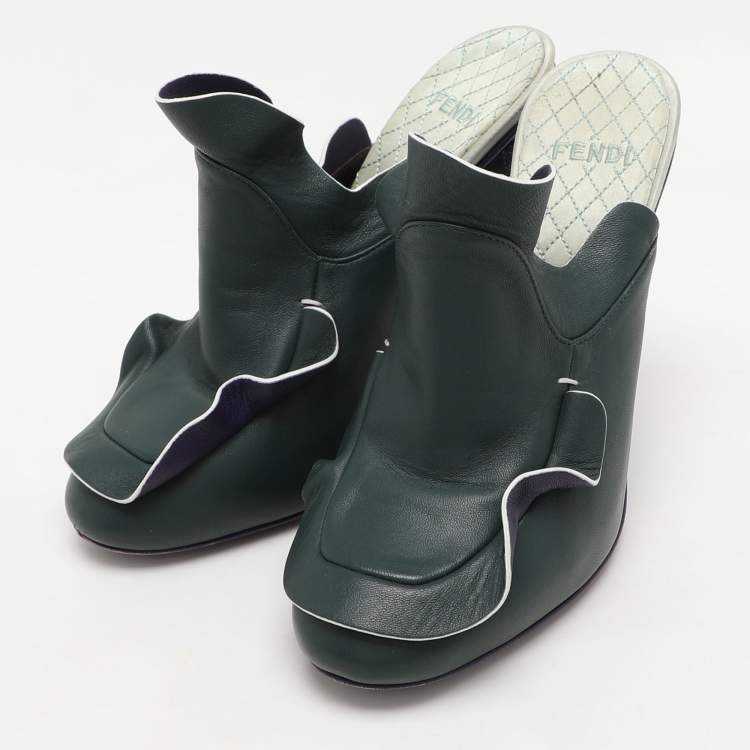 Pre Owned Fendi Green Leather Ruffled Leather Mules Size 37