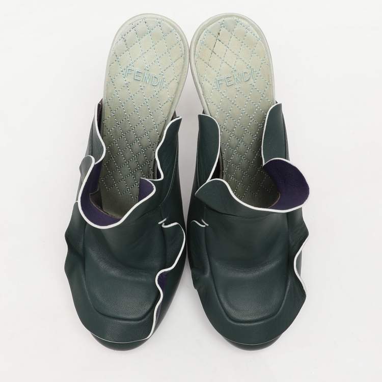 Pre Owned Fendi Green Leather Ruffled Leather Mules Size 37