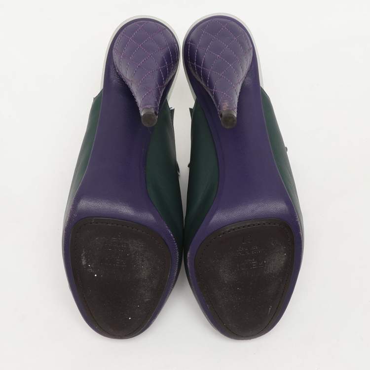 Pre Owned Fendi Green Leather Ruffled Leather Mules Size 37