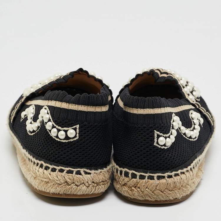 Pre Owned Fendi Black/Beige Knit Fabric Pearl Embellished Espadrille Flats Size 36
