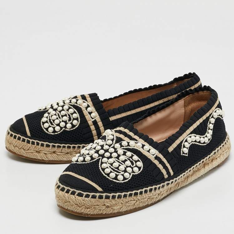 Pre Owned Fendi Black/Beige Knit Fabric Pearl Embellished Espadrille Flats Size 36