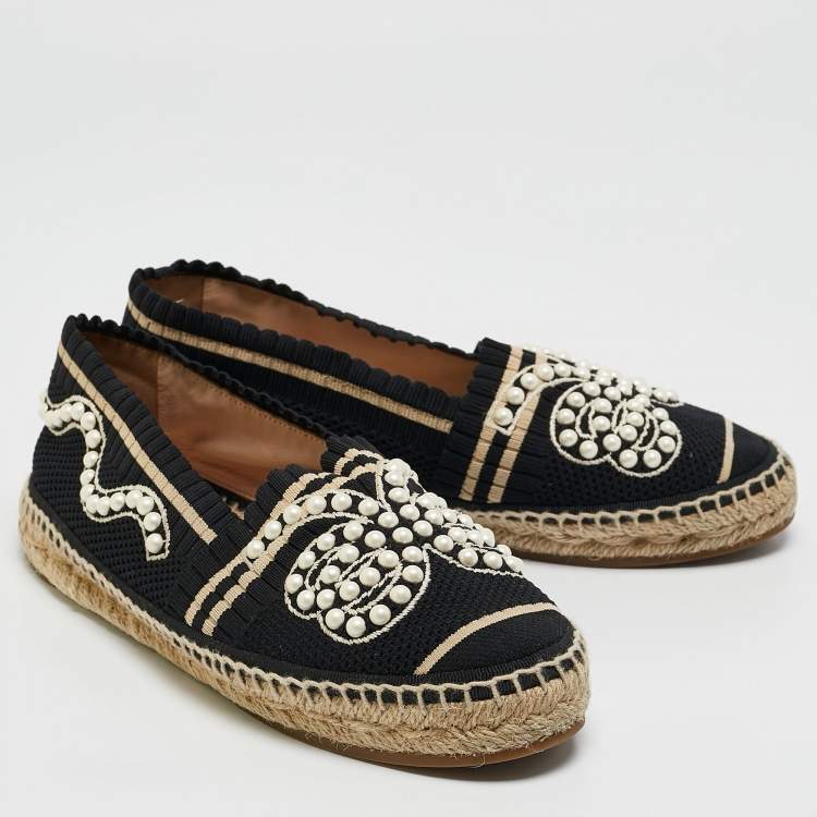 Pre Owned Fendi Black/Beige Knit Fabric Pearl Embellished Espadrille Flats Size 36