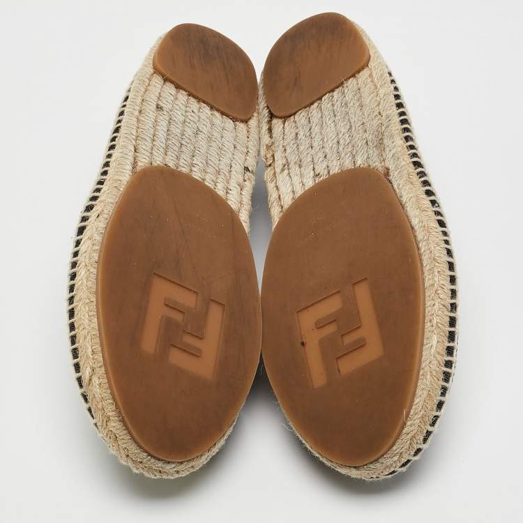 Pre Owned Fendi Black/Beige Knit Fabric Pearl Embellished Espadrille Flats Size 36
