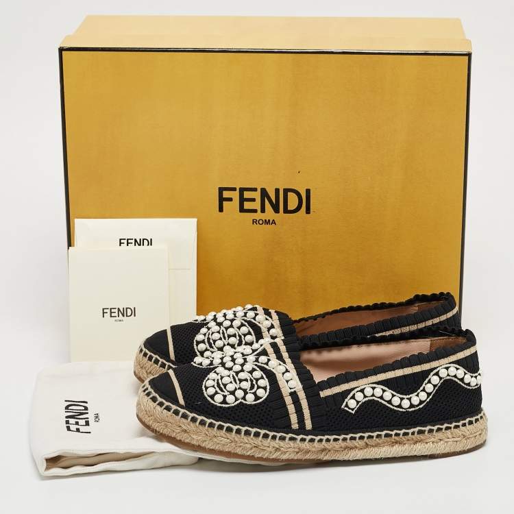 Pre Owned Fendi Black/Beige Knit Fabric Pearl Embellished Espadrille Flats Size 36