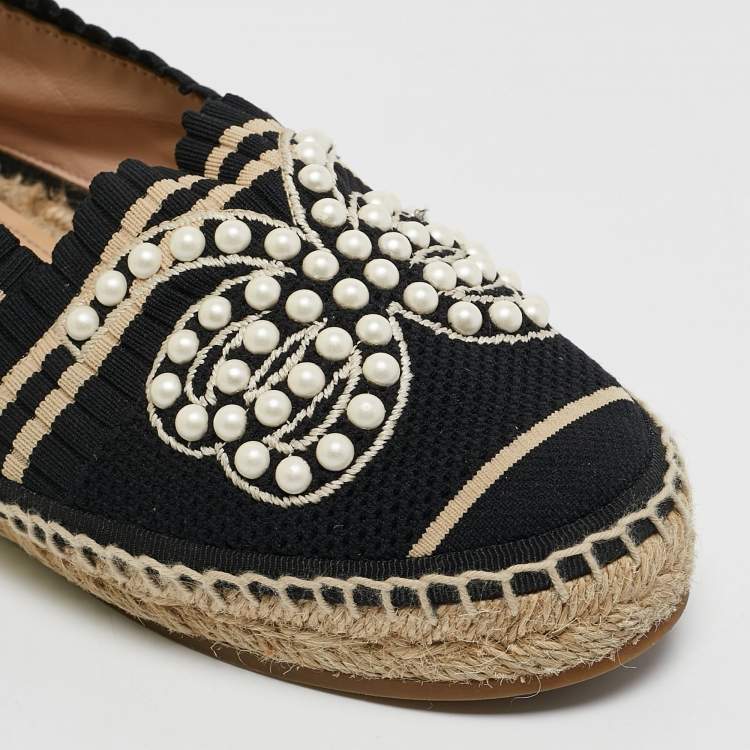 Pre Owned Fendi Black/Beige Knit Fabric Pearl Embellished Espadrille Flats Size 36