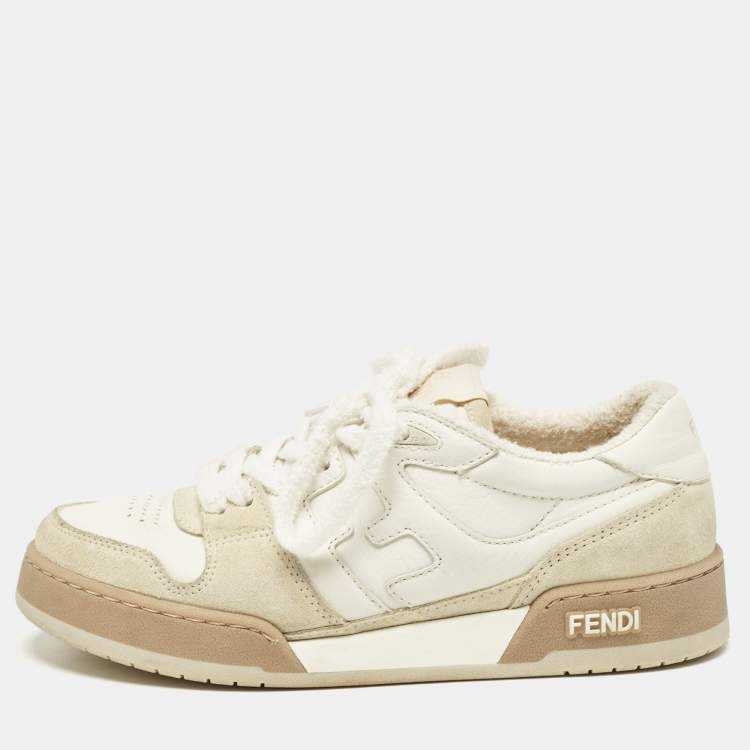 Pre Owned Fendi White/Beige Leather and Suede Match Low Top Sneakers Size 37