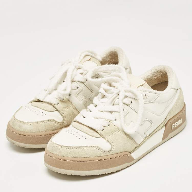Pre Owned Fendi White/Beige Leather and Suede Match Low Top Sneakers Size 37