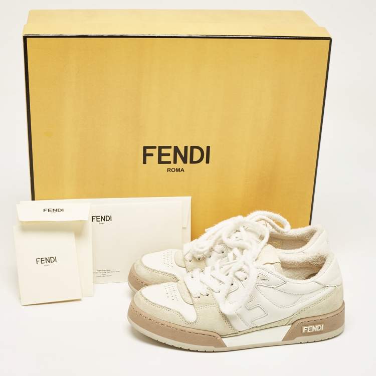 Pre Owned Fendi White/Beige Leather and Suede Match Low Top Sneakers Size 37