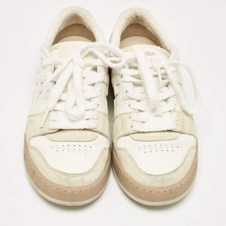 Pre Owned Fendi White/Beige Leather and Suede Match Low Top Sneakers Size 37