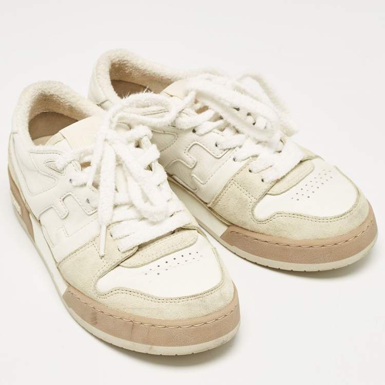 Pre Owned Fendi White/Beige Leather and Suede Match Low Top Sneakers Size 37