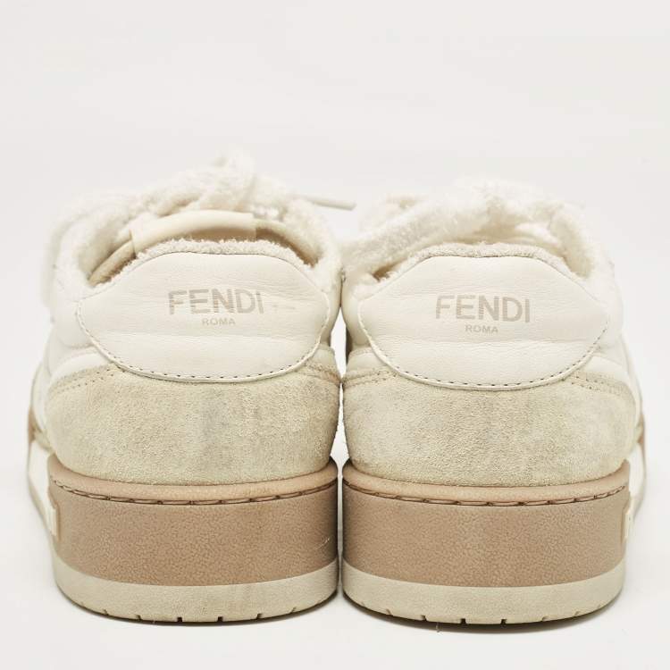 Pre Owned Fendi White/Beige Leather and Suede Match Low Top Sneakers Size 37