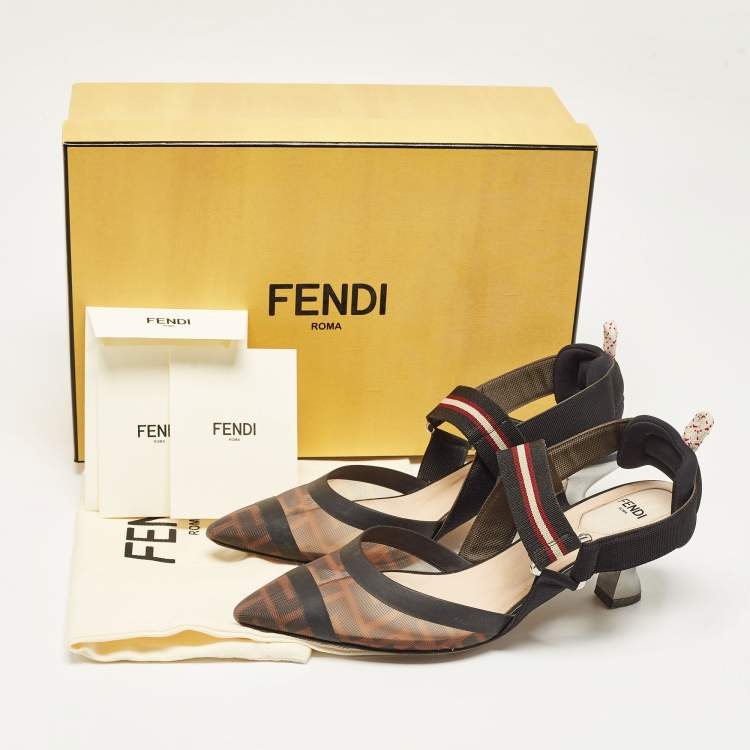 Pre Owned Fendi Black/Brown Zucca Mesh and Leather Colibri Pumps Size 37.5