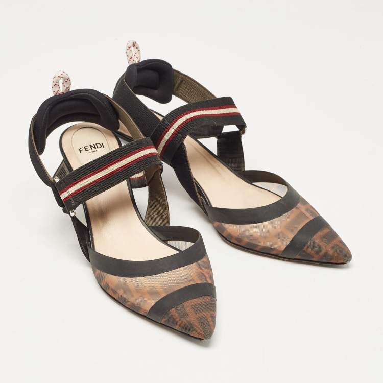 Pre Owned Fendi Black/Brown Zucca Mesh and Leather Colibri Pumps Size 37.5