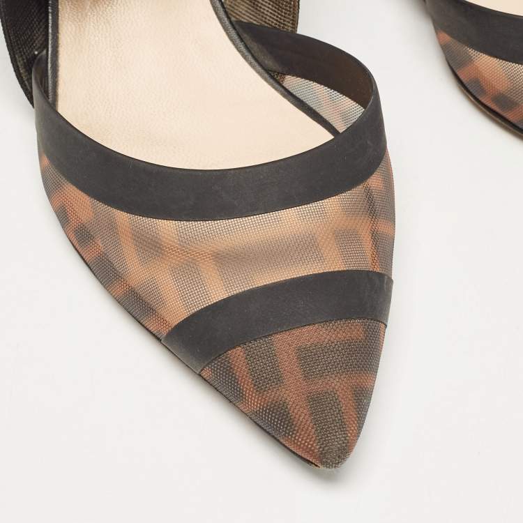 Pre Owned Fendi Black/Brown Zucca Mesh and Leather Colibri Pumps Size 37.5