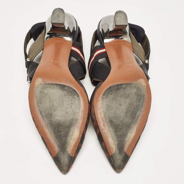 Pre Owned Fendi Black/Brown Zucca Mesh and Leather Colibri Pumps Size 37.5
