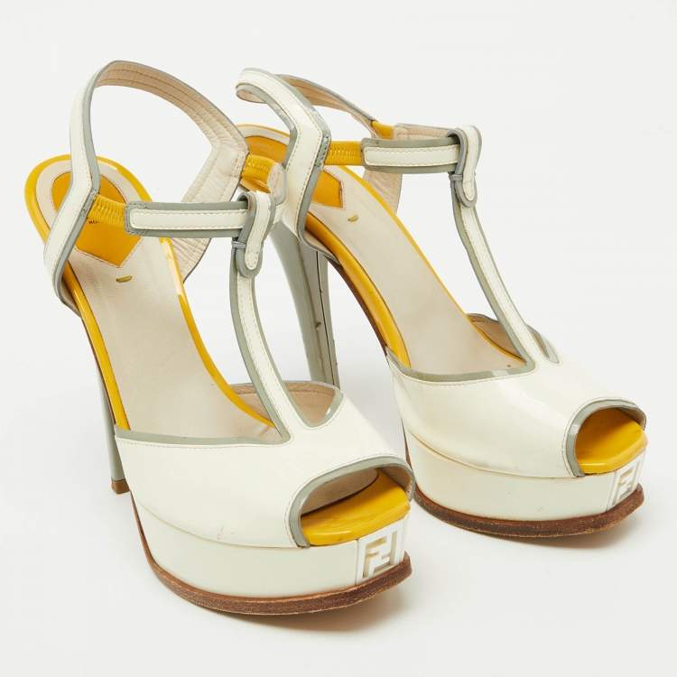 Pre Owned Fendi Tri Color Patent Leather T- Strap Fendista Platform Sandals Size 40