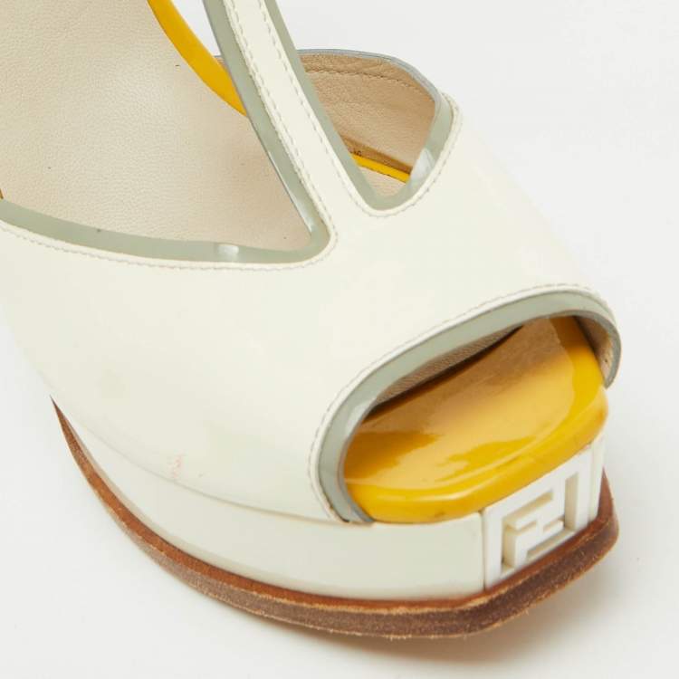 Pre Owned Fendi Tri Color Patent Leather T- Strap Fendista Platform Sandals Size 40