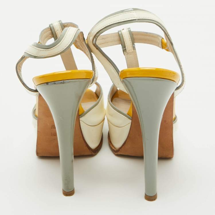 Pre Owned Fendi Tri Color Patent Leather T- Strap Fendista Platform Sandals Size 40