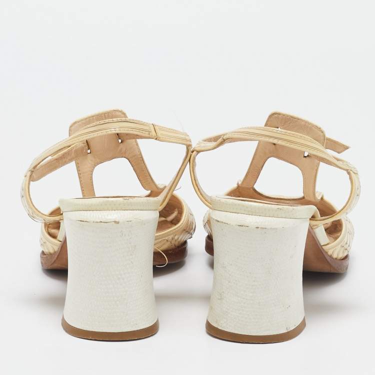 Pre Owned Fendi Beige Printed Patent Leather Block Heel Ankle Strap Sandals Size 40