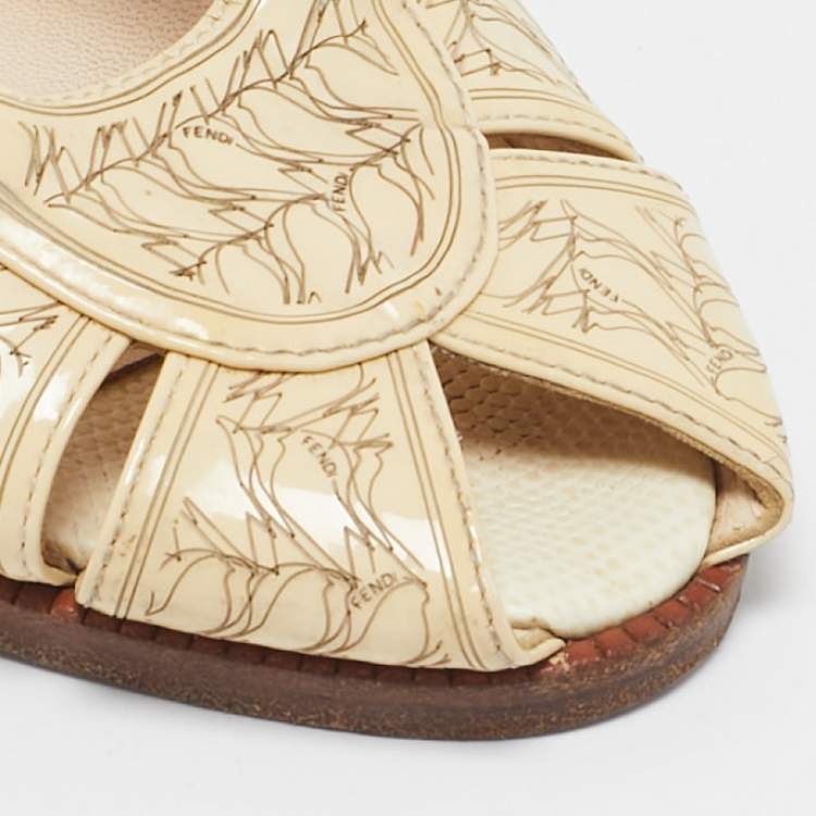 Pre Owned Fendi Beige Printed Patent Leather Block Heel Ankle Strap Sandals Size 40