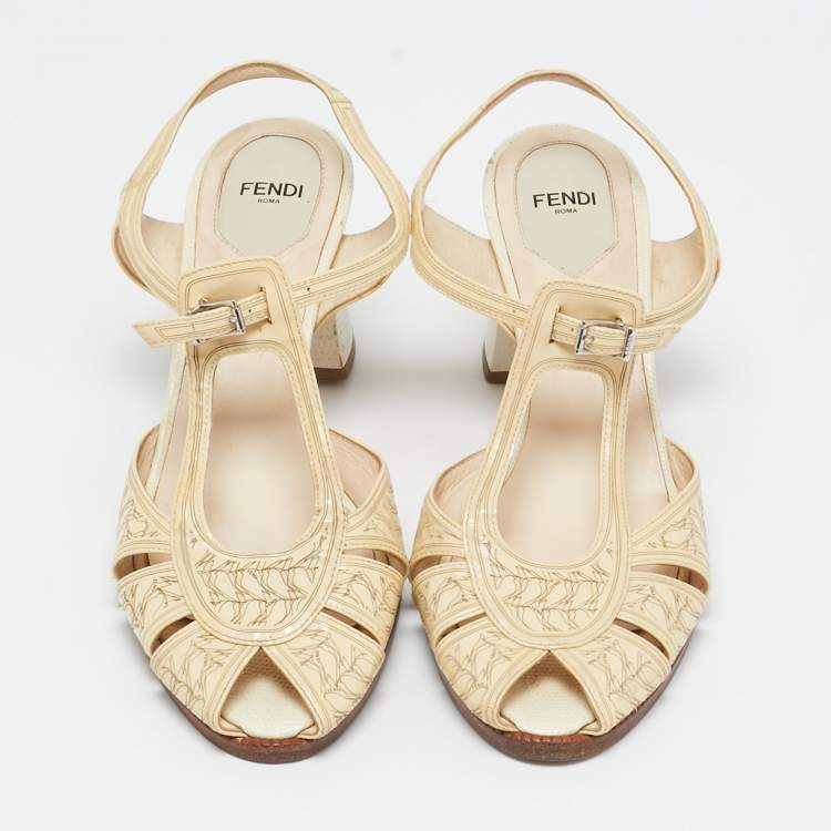Pre Owned Fendi Beige Printed Patent Leather Block Heel Ankle Strap Sandals Size 40