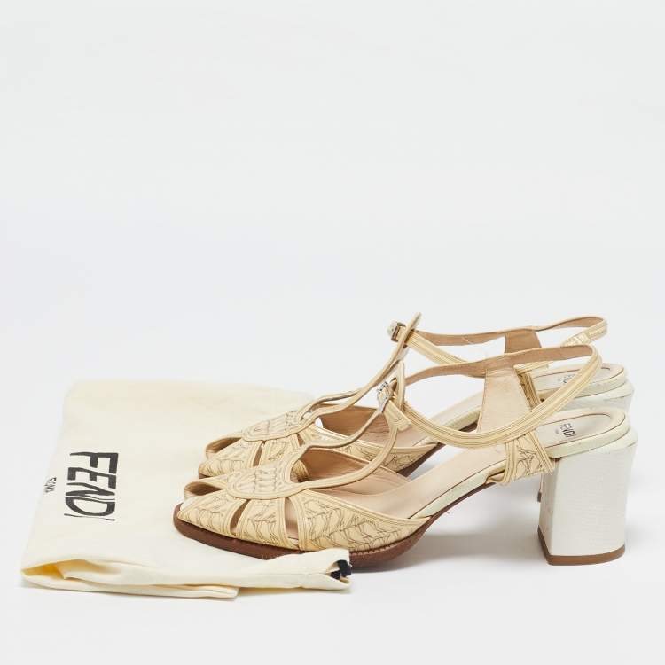 Pre Owned Fendi Beige Printed Patent Leather Block Heel Ankle Strap Sandals Size 40
