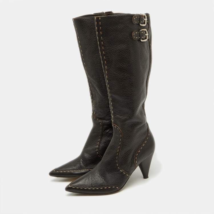 Pre Owned Fendi Dark Brown Leather Buckle Detail Knee Length Boots Size 37
