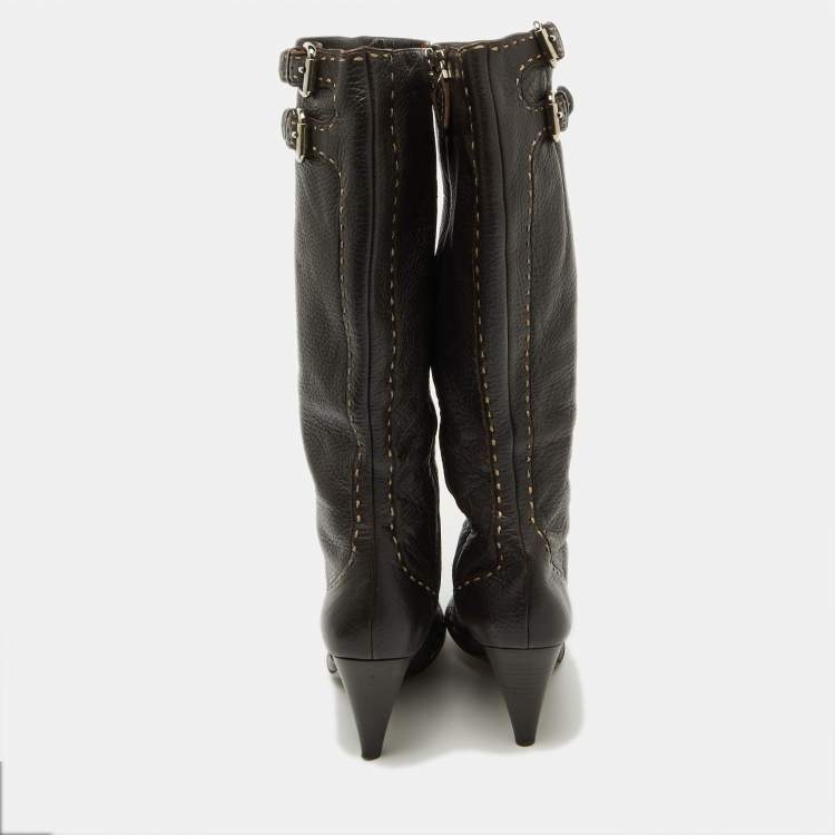 Pre Owned Fendi Dark Brown Leather Buckle Detail Knee Length Boots Size 37