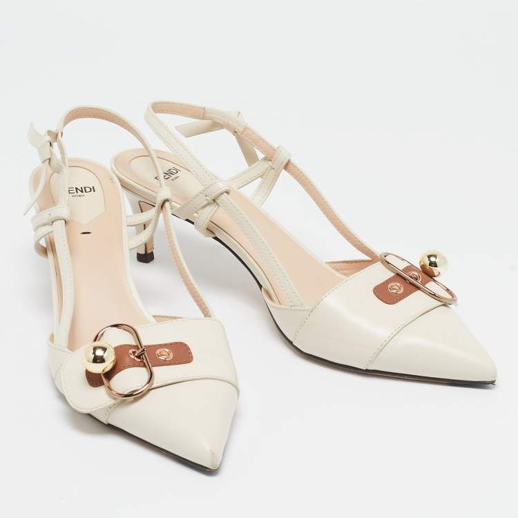 Pre Owned Fendi Cream/Brown Leather Buckle Strap Slingback Pumps Size 41