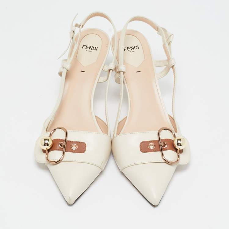 Pre Owned Fendi Cream/Brown Leather Buckle Strap Slingback Pumps Size 41