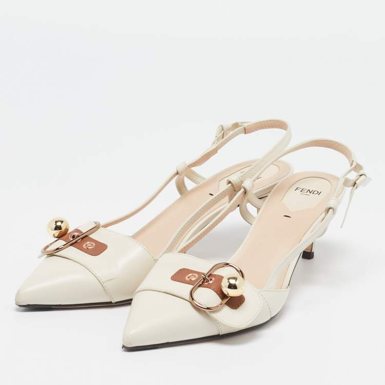 Pre Owned Fendi Cream/Brown Leather Buckle Strap Slingback Pumps Size 41