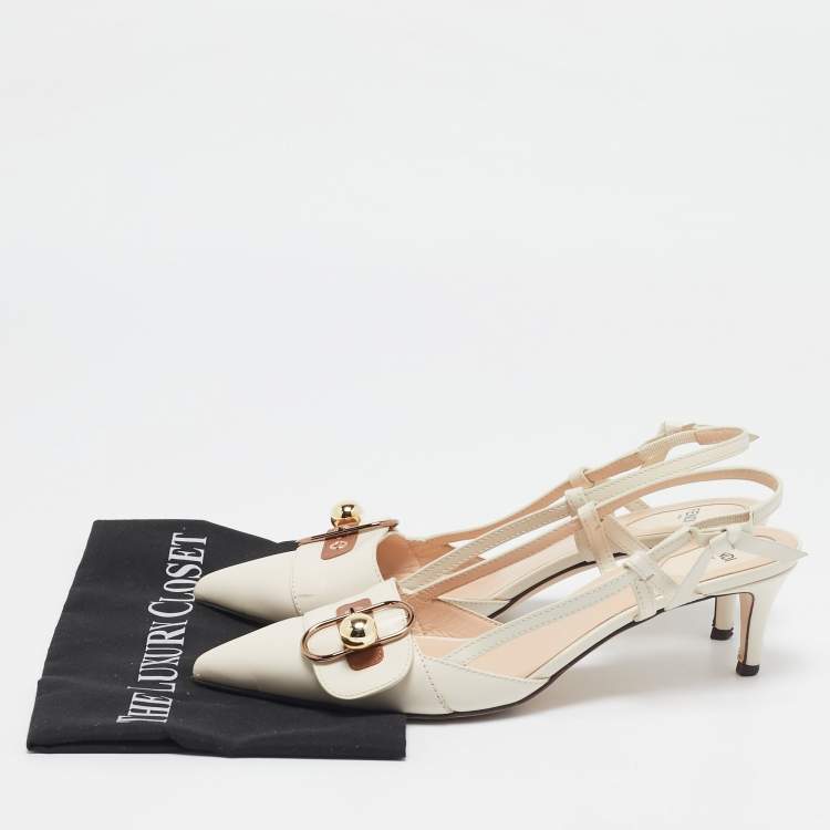 Pre Owned Fendi Cream/Brown Leather Buckle Strap Slingback Pumps Size 41