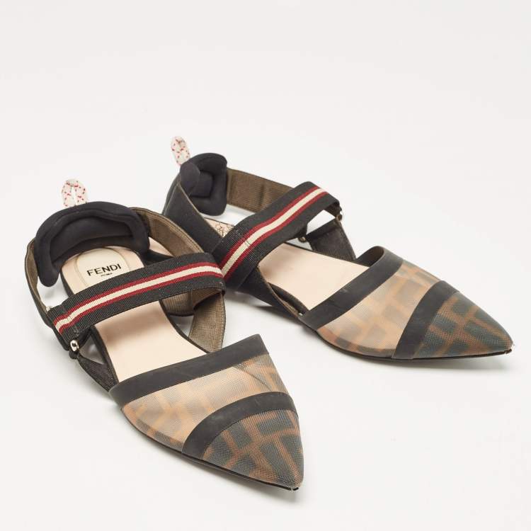 Pre Owned Fendi Brown/Black Zucca Mesh and Leather Colibri Slingback Flats Size 38