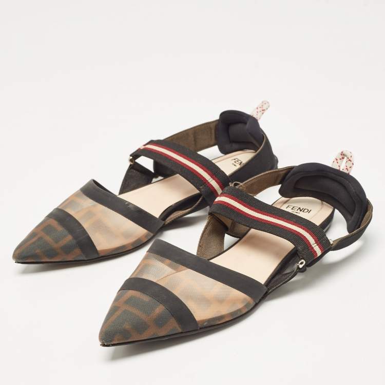 Pre Owned Fendi Brown/Black Zucca Mesh and Leather Colibri Slingback Flats Size 38