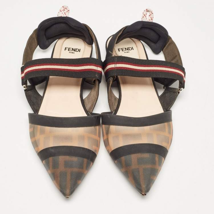 Pre Owned Fendi Brown/Black Zucca Mesh and Leather Colibri Slingback Flats Size 38