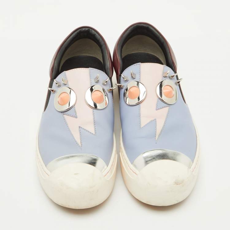 Pre Owned Fendi Multicolor Leather Face Motif Slip On Sneakers Size 37.5