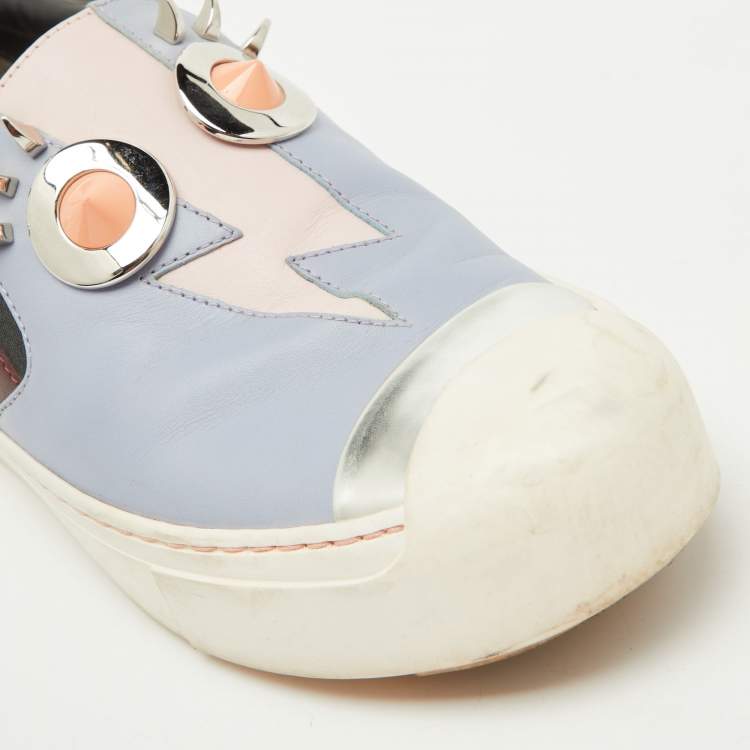 Pre Owned Fendi Multicolor Leather Face Motif Slip On Sneakers Size 37.5